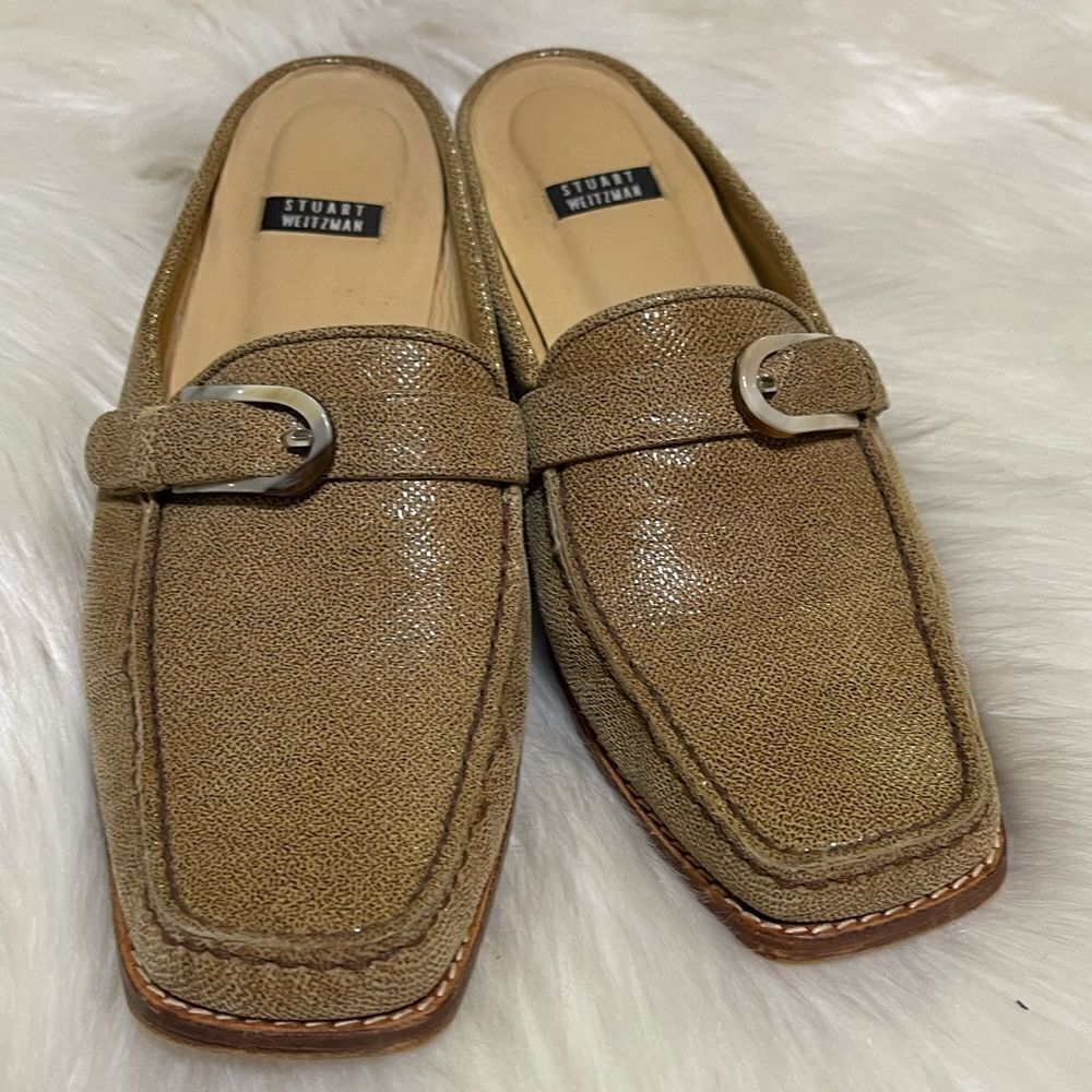 Stuart Weitzman Tan Metallic Leather Loafer Mules
